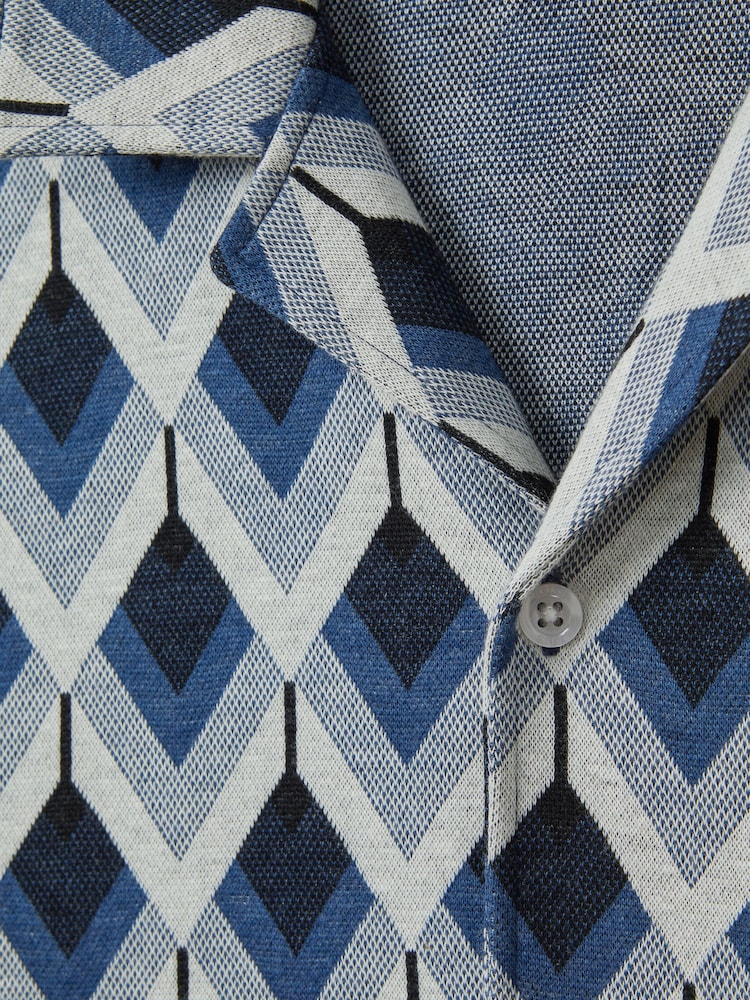 Reiss Navy Multi Beech Cotton Blend Jacquard Cuban Collar Shirt - Image 7 of 7