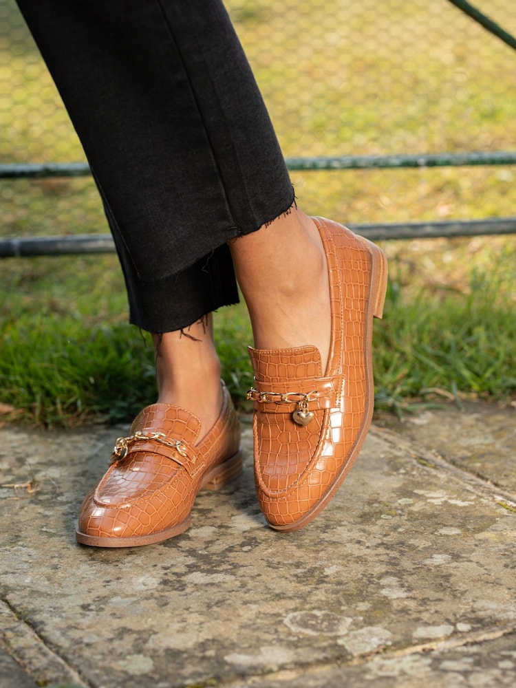 Novo Brown Regular Fit Elio Faux Croc Flat Loafers - Image 1 of 4