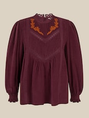 Monsoon Red Tyra Long Sleeve Embroidered Corduroy Top - Image 5 of 5