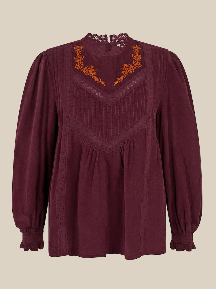 Monsoon Red Tyra Long Sleeve Embroidered Corduroy Top - Image 5 of 5