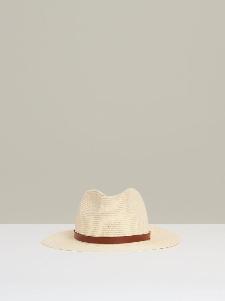 Reiss Natural Gigi Faux Leather Trim Woven Hat - Image 1 of 4