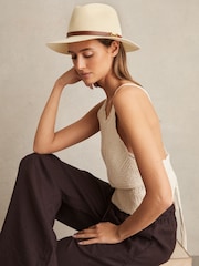 Reiss Natural Gigi Faux Leather Trim Woven Hat - Image 2 of 4