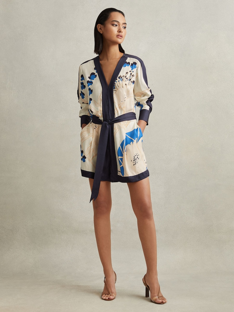 Reiss Blue Isabella Printed Belted Playsuit - Image 1 of 6
