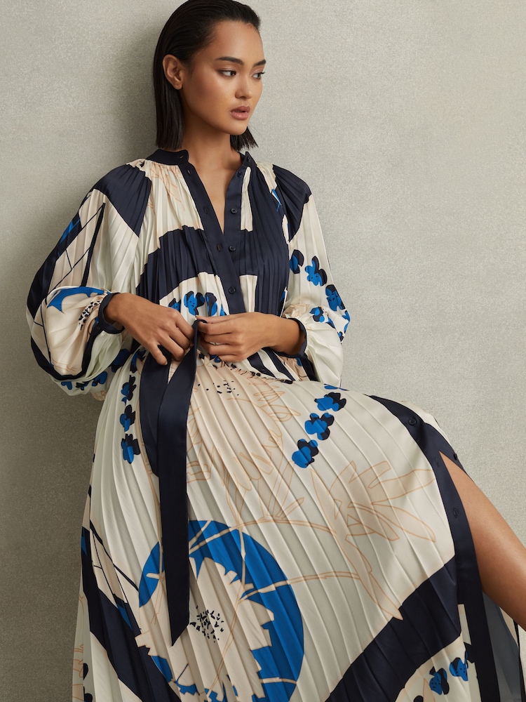 Reiss Blue Daiya Printed Pleated Maxi Dress - Image 1 of 7