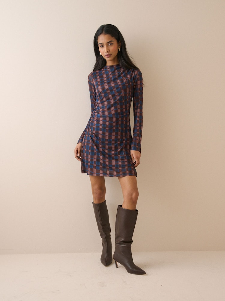 Nobodys Child Brown Long Sleeve Checked Kiera Mini Dress - Image 1 of 5 Nobodys Child Brown Long Sleeve Checked Kiera Mini Dress - Image 1 of 5