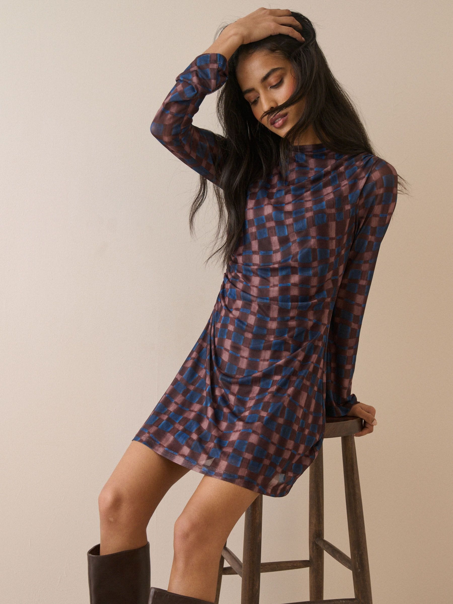 Buy Nobodys Child Brown Long Sleeve Checked Kiera Mini Dress from