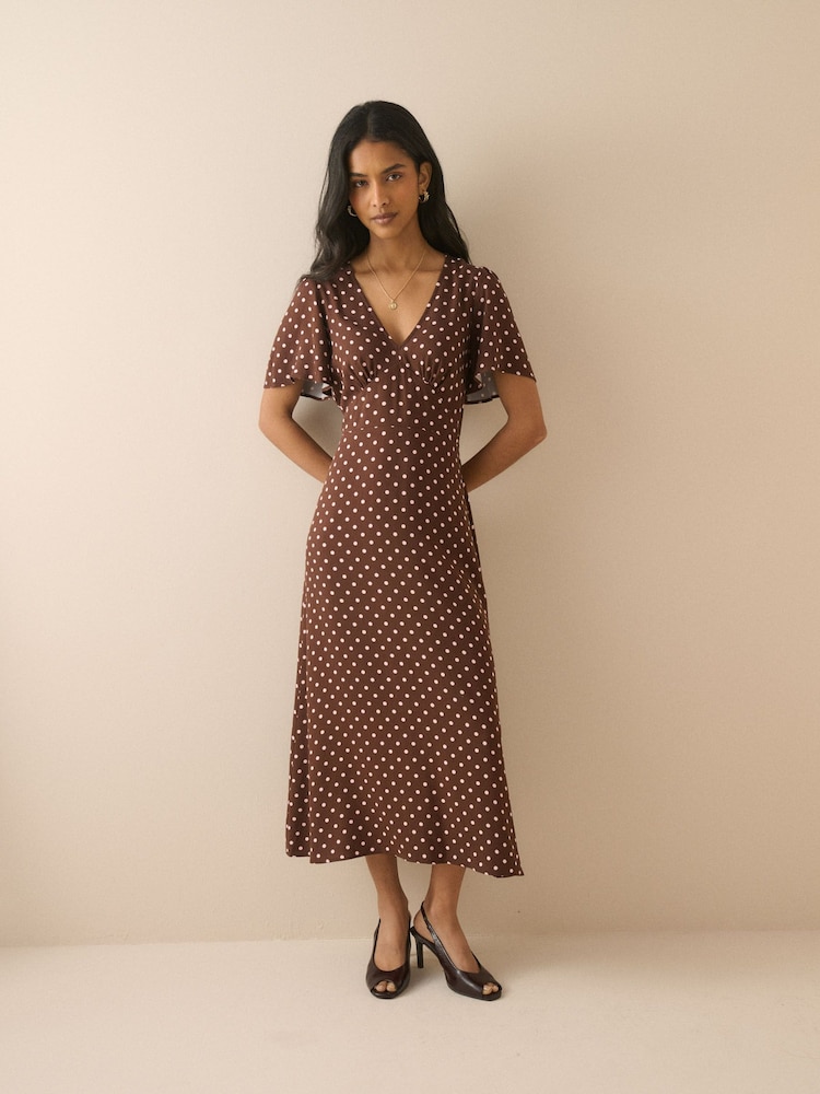 Nobodys Child Brown Polka Dot Atlas Midi Dress - Image 1 of 5