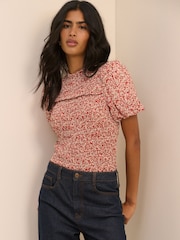 Nobodys Child Red Floral Puff Sleeve Shirred Nicola Top - Image 1 of 5