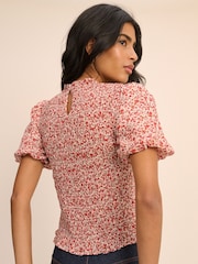 Nobodys Child Red Floral Puff Sleeve Shirred Nicola Top - Image 2 of 5
