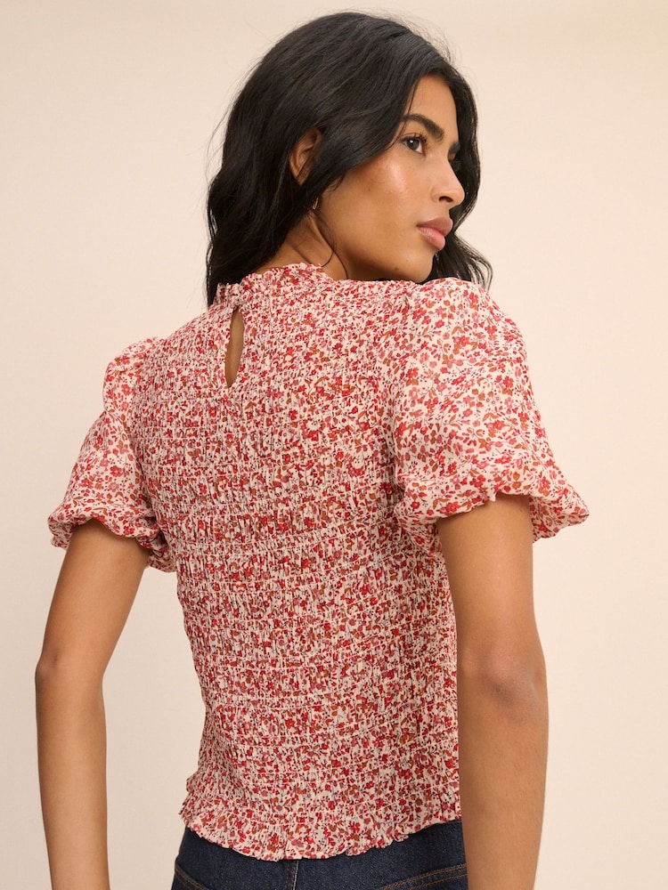 Nobodys Child Red Floral Puff Sleeve Shirred Nicola Top - Image 2 of 5 Nobodys Child Red Floral Puff Sleeve Shirred Nicola Top - Image 2 of 5