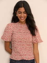 Nobodys Child Red Floral Puff Sleeve Shirred Nicola Top - Image 3 of 5