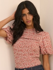 Nobodys Child Red Floral Puff Sleeve Shirred Nicola Top - Image 4 of 5