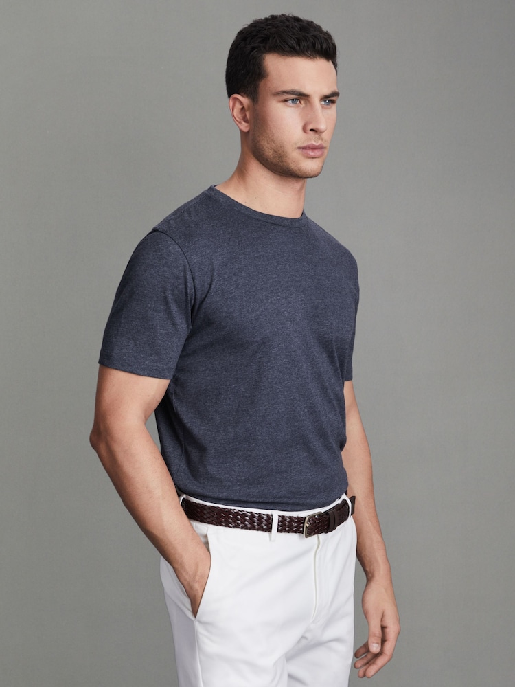 Reiss Indigo Melange Bless Cotton Crew Neck T-Shirt - Image 1 of 5