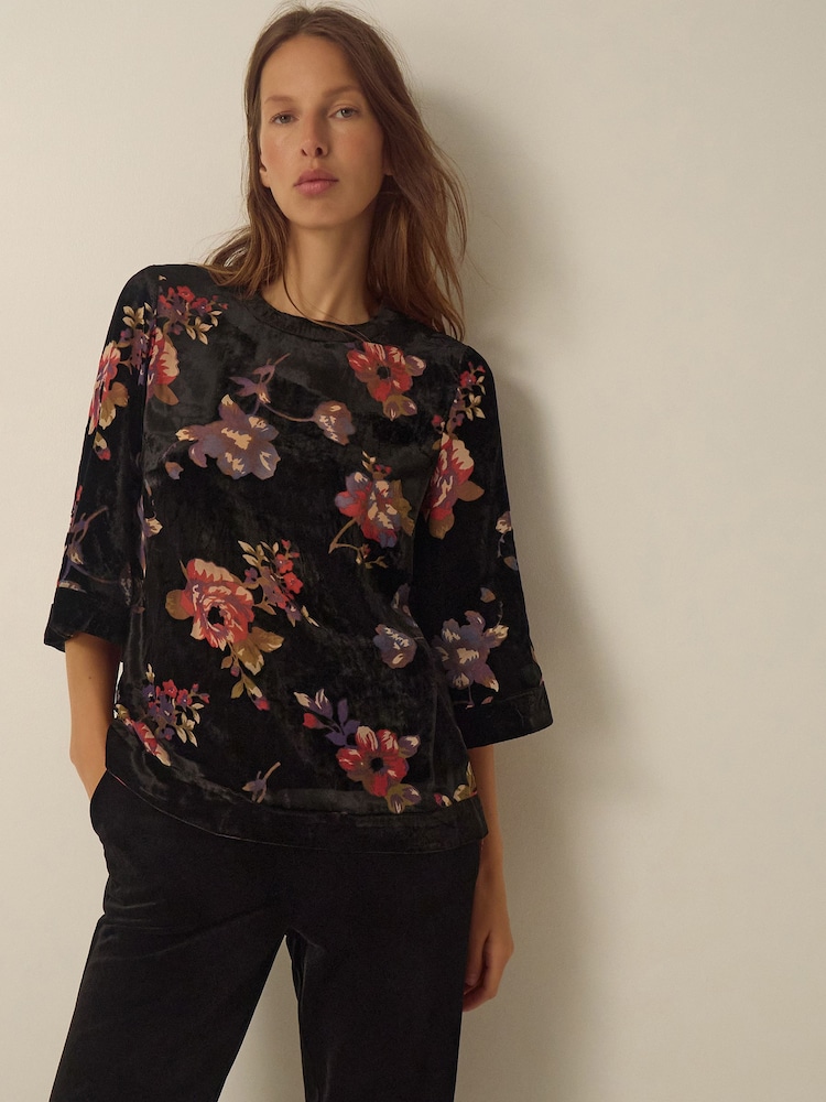 Monsoon Black Abril Floral Devoré Velvet Top - Image 1 of 5