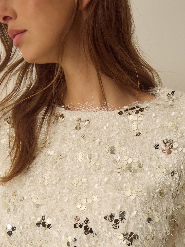 Monsoon Cream Saskia Short Sleeve Sequin Fringe Top - Image 2 of 6 Monsoon Cream Saskia Short Sleeve Sequin Fringe Top - Image 2 of 6