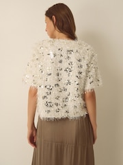 Monsoon Cream Saskia Short Sleeve Sequin Fringe Top - Image 3 of 6