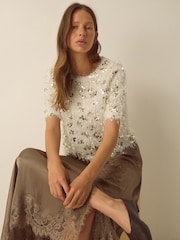 Monsoon Cream Saskia Short Sleeve Sequin Fringe Top - Image 5 of 6