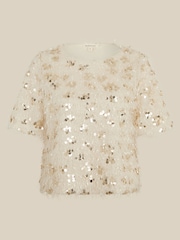 Monsoon Cream Saskia Short Sleeve Sequin Fringe Top - Image 6 of 6