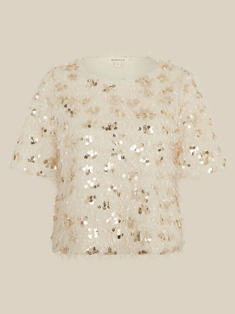 Monsoon Cream Saskia Short Sleeve Sequin Fringe Top - Image 6 of 6 Monsoon Cream Saskia Short Sleeve Sequin Fringe Top - Image 6 of 6