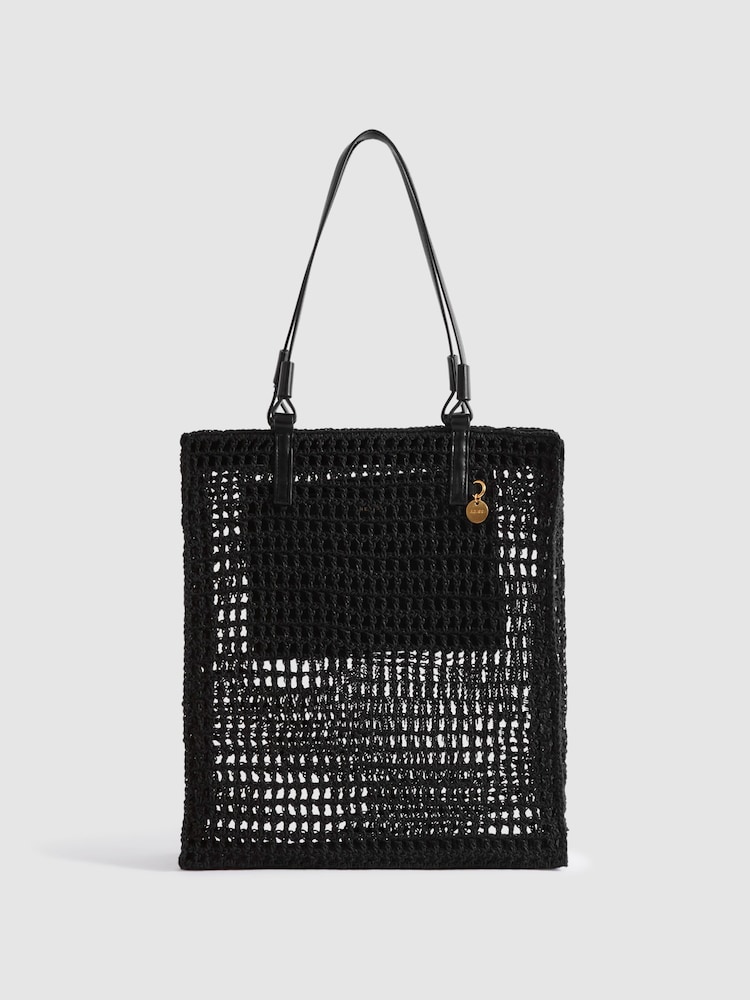 Reiss Black Raya Waxed Woven Tote Bag - Image 1 of 5