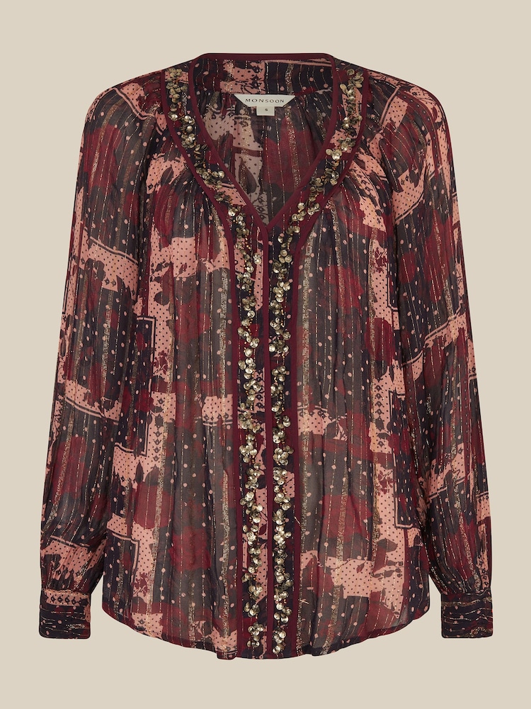 Monsoon Red Poppy V-Neck Embellished Patchwork Blouse - Image 5 of 5 Monsoon Red Poppy V-Neck Embellished Patchwork Blouse - Image 5 of 5