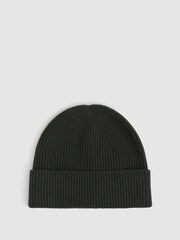 Reiss Forest Green Chaise Merino Wool Ribbed Beanie Hat - Image 3 of 4