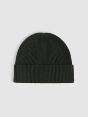 Reiss Forest Green Chaise Merino Wool Ribbed Beanie Hat - Image 4 of 4