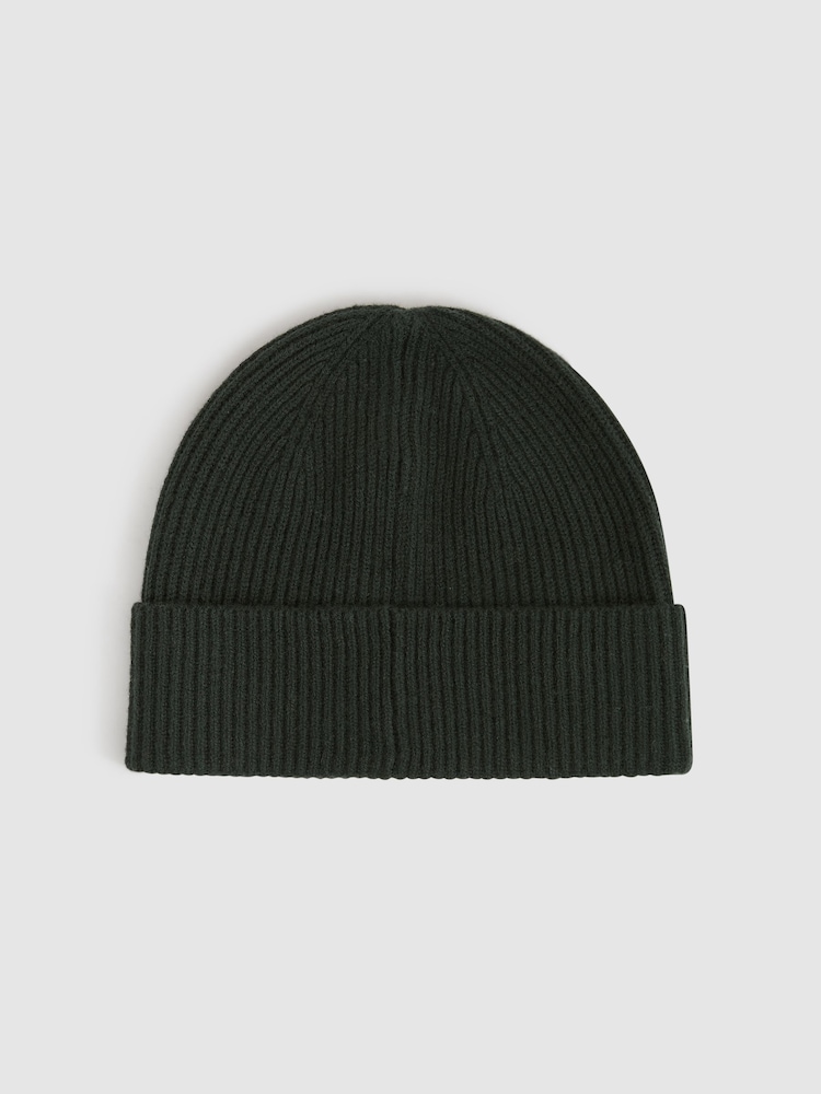 Reiss Forest Green Chaise Merino Wool Ribbed Beanie Hat - Image 4 of 4
