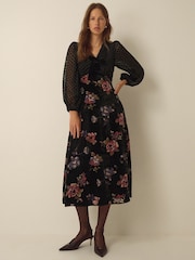 Monsoon Abril V-Neck Floral Devoré Velvet Midi Dress - Slika 1 iz 5