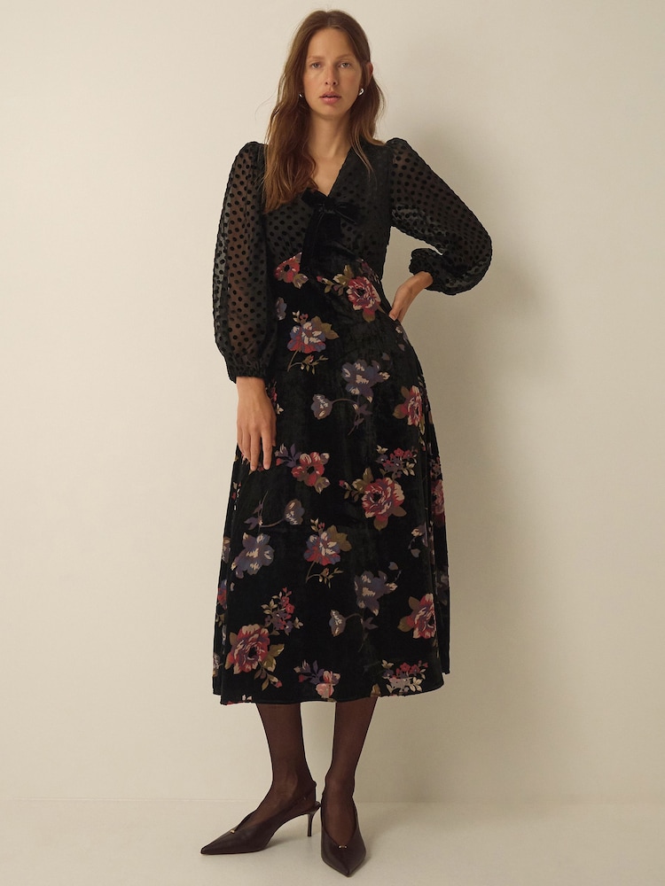Monsoon Abril V-Neck Floral Devoré Velvet Midi Dress - Slika 1 iz 5 Monsoon Abril V-Neck Floral Devoré Velvet Midi Dress - Slika 1 iz 5