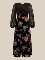 Monsoon Black Abril V-Neck Floral Devoré Velvet Midi Dress - Image 6 of 6