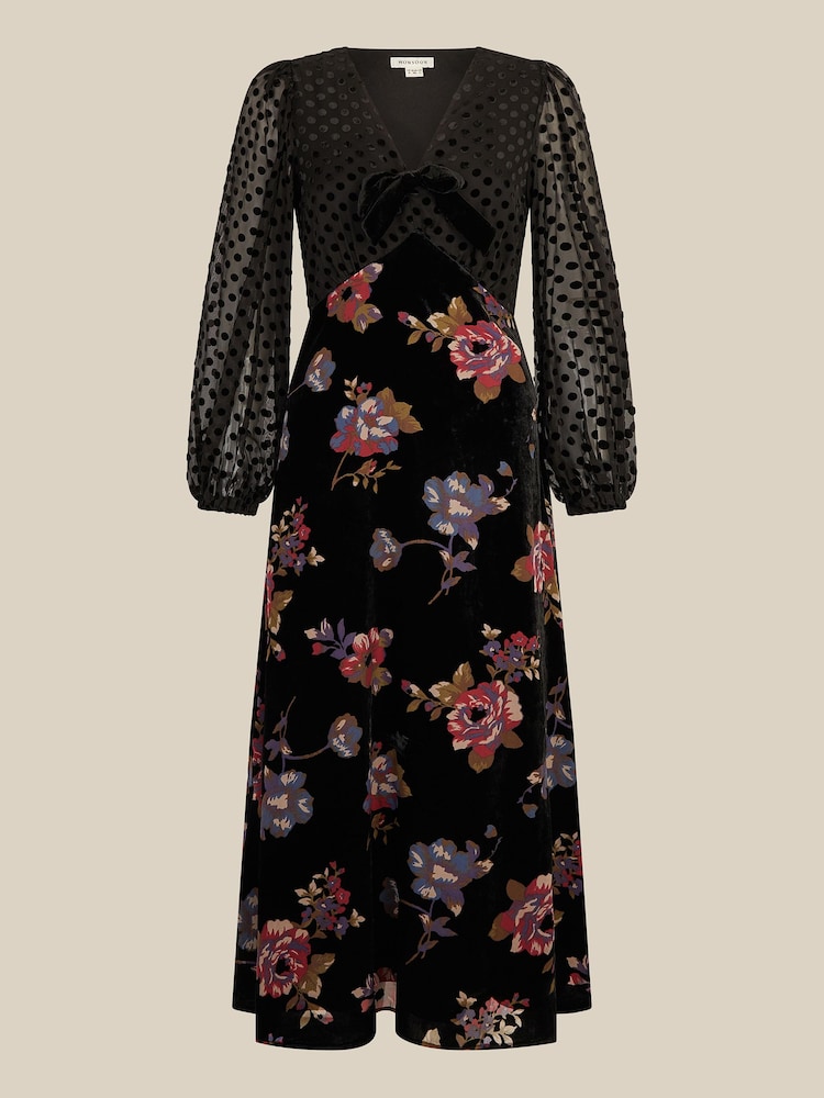 Monsoon Black Abril V-Neck Floral Devoré Velvet Midi Dress - Image 6 of 6 Monsoon Black Abril V-Neck Floral Devoré Velvet Midi Dress - Image 6 of 6