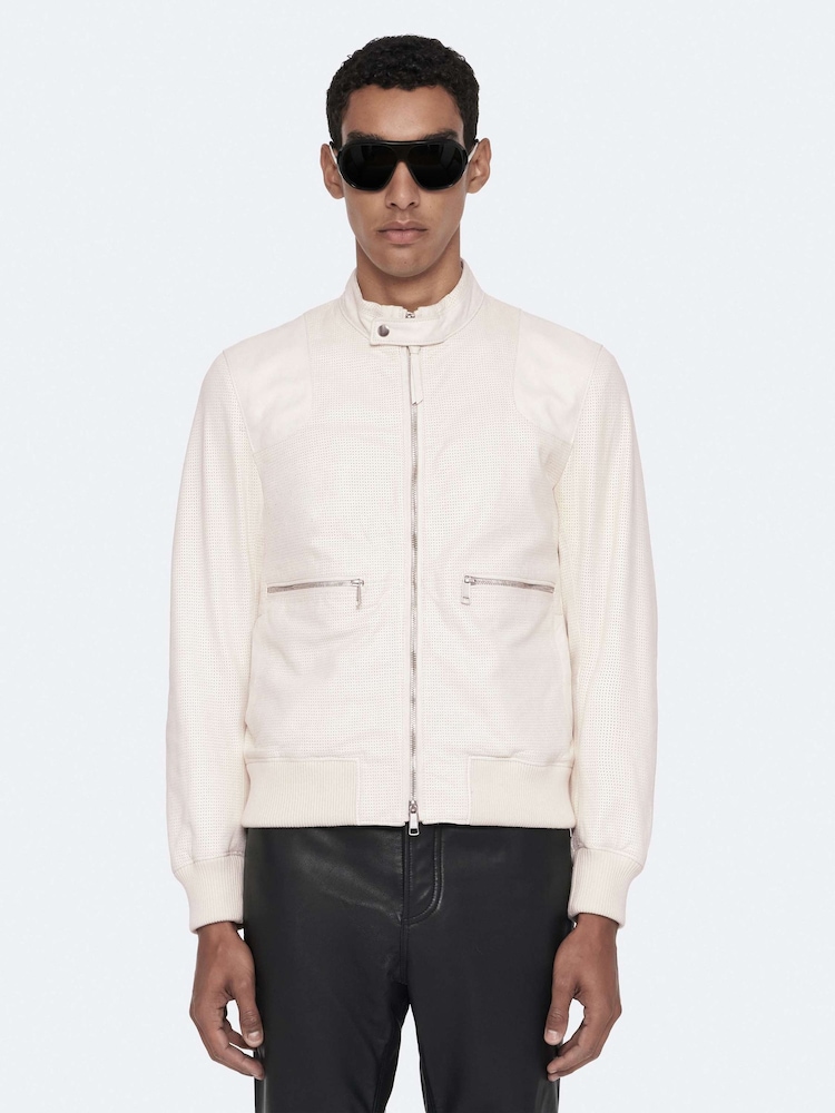 AllSaints White Miro Perf Bomber Jacket - Image 1 of 8 AllSaints White Miro Perf Bomber Jacket - Image 1 of 8