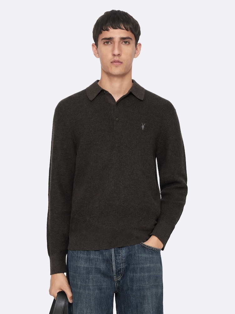 AllSaints Green Aspen Long Sleves Polo Shirt - Image 1 of 8
