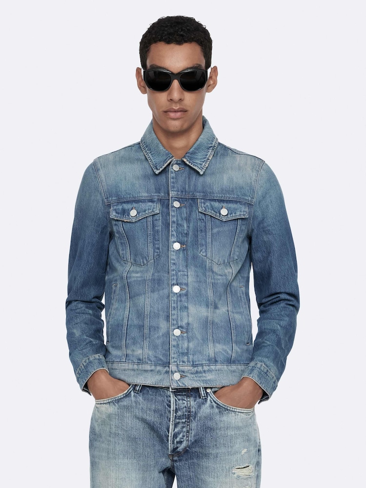 AllSaints Blue Fitted Trucker Jacket - Image 1 of 8