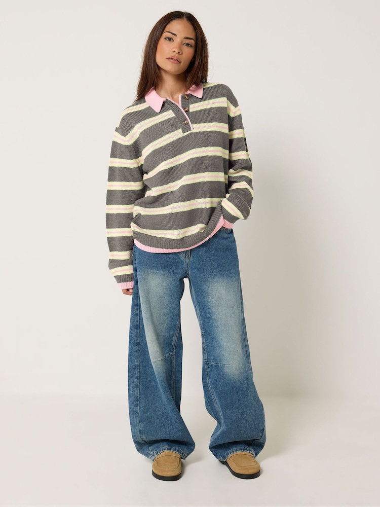 PixieGirl Petite Grey Stripe Polo Jumper - Image 2 of 6 PixieGirl Petite Grey Stripe Polo Jumper - Image 2 of 6