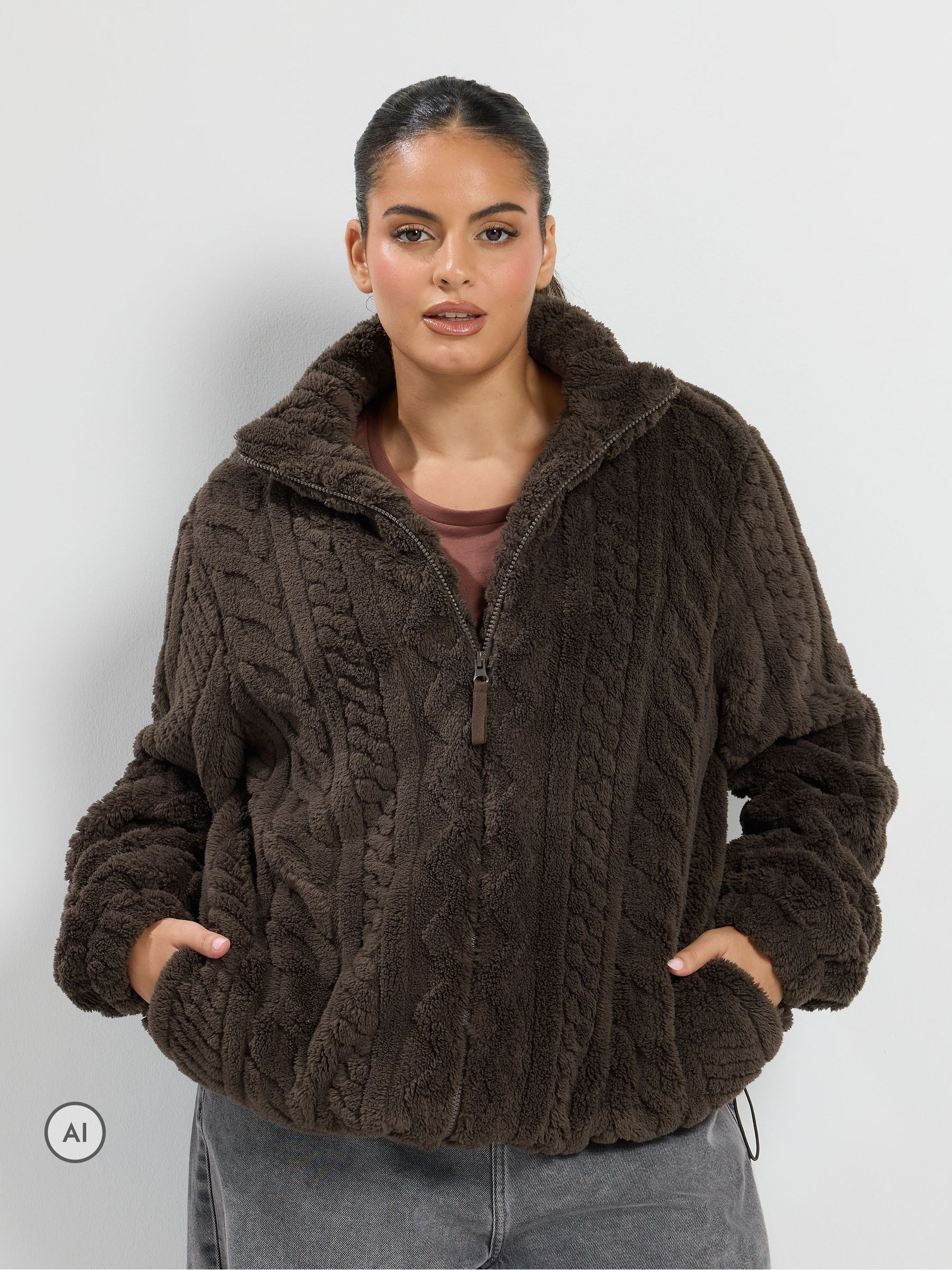 Yours Women's Textured Zip Through Fleece in Chocolate | Size: 30-32 - Image 2