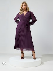 Yours Curve Purple Pleated Long Sleeve Wrap Dress - Image 1 of 6