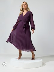 Yours Curve Purple Pleated Long Sleeve Wrap Dress - Image 2 of 6