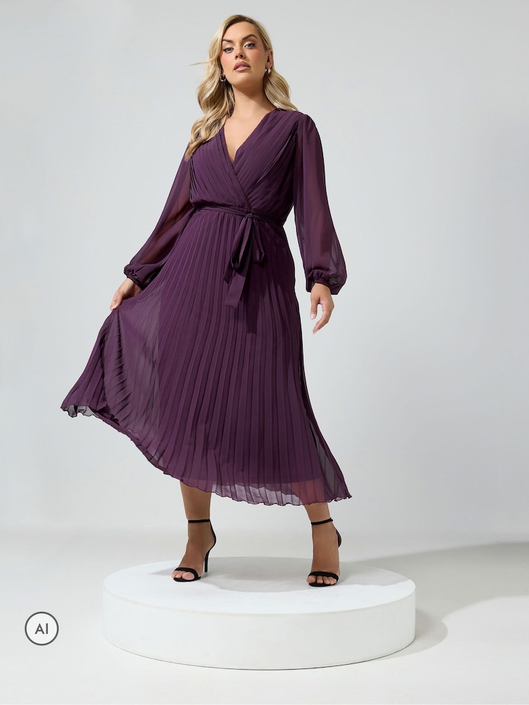 Yours Curve Purple Pleated Long Sleeve Wrap Dress - Image 2 of 6 Yours Curve Purple Pleated Long Sleeve Wrap Dress - Image 2 of 6