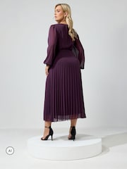 Yours Curve Purple Pleated Long Sleeve Wrap Dress - Image 3 of 6