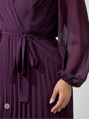 Yours Curve Purple Pleated Long Sleeve Wrap Dress - Image 4 of 6