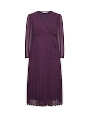 Yours Curve Purple Pleated Long Sleeve Wrap Dress - Image 5 of 6
