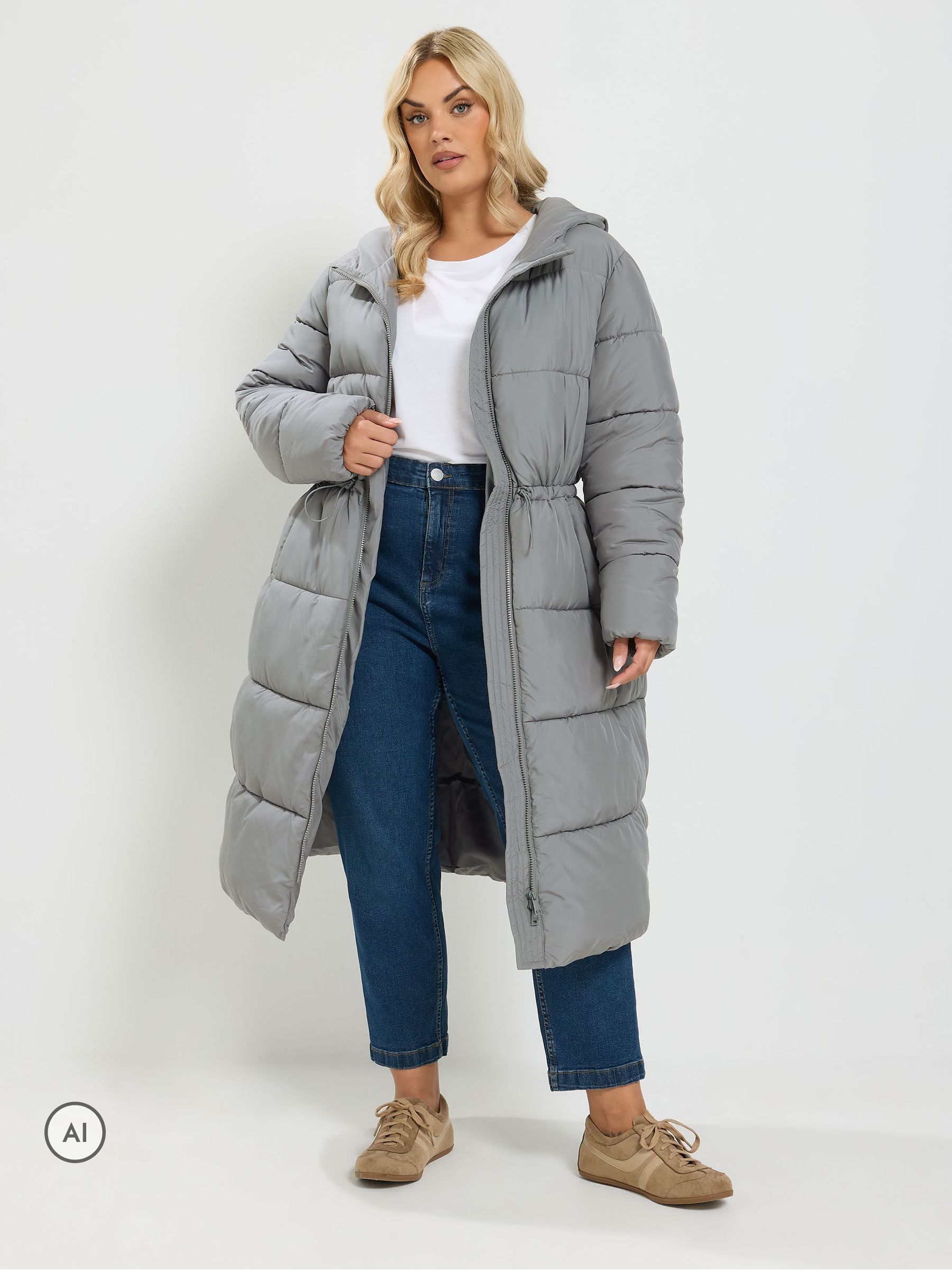 Yours Curve Women's Grey Longline Puffer Coat