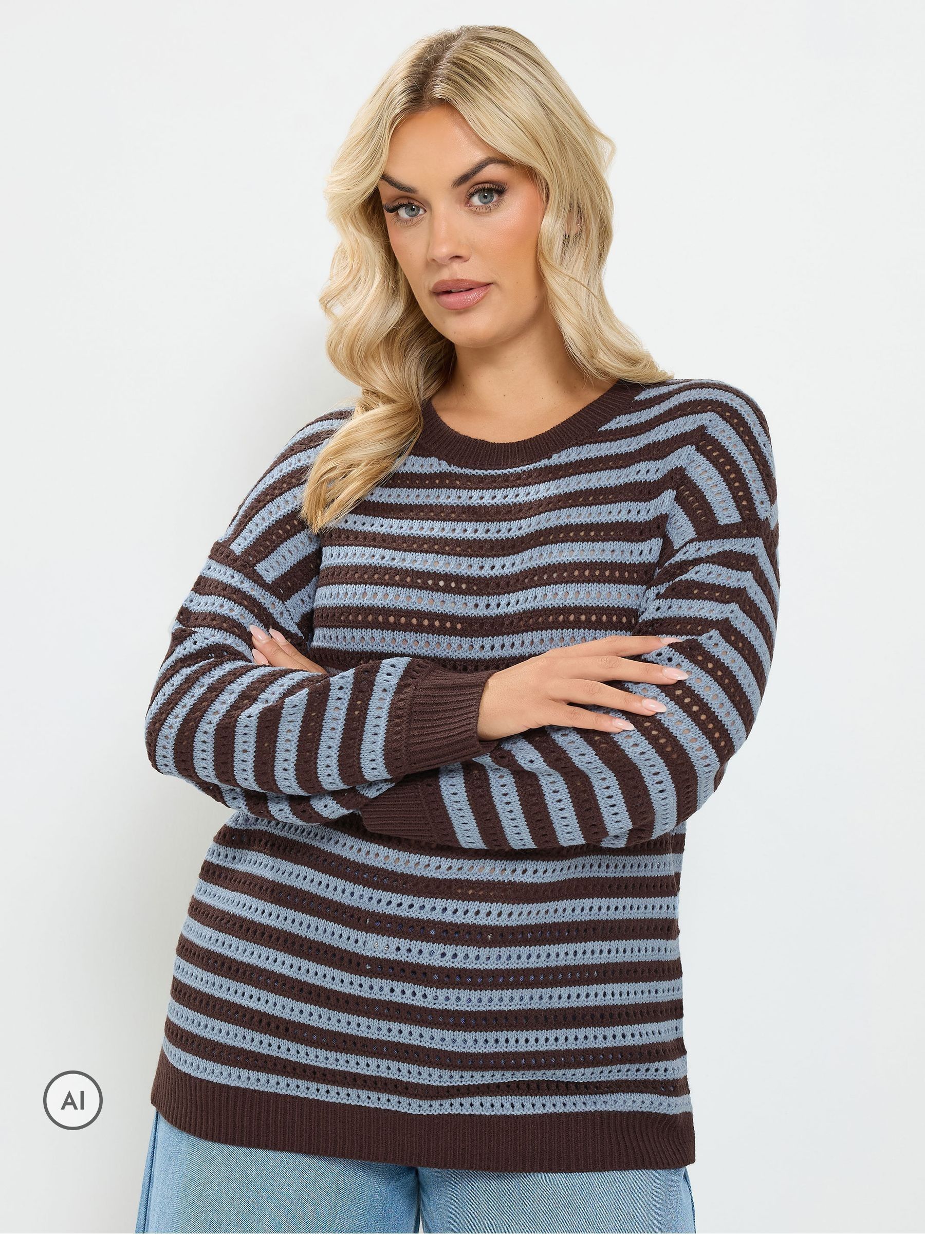 Yours Women's Brown Knitted Stripe Jumper In | Size: 30-32 - Image 6