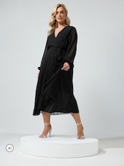 Yours Curve Black Pleated Long Sleeve Wrap Dress - Image 1 of 6