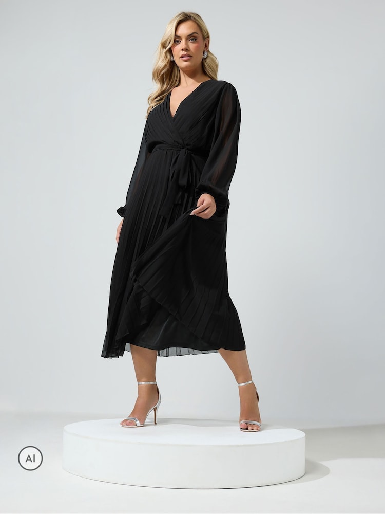 Yours Curve Black Pleated Long Sleeve Wrap Dress - Image 1 of 6 Yours Curve Black Pleated Long Sleeve Wrap Dress - Image 1 of 6