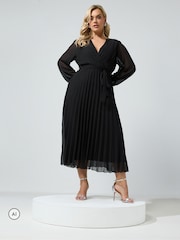 Yours Curve Black Pleated Long Sleeve Wrap Dress - Image 2 of 6