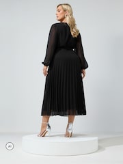 Yours Curve Black Pleated Long Sleeve Wrap Dress - Image 3 of 6