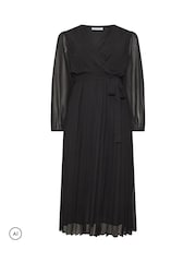 Yours Curve Black Pleated Long Sleeve Wrap Dress - Image 5 of 6